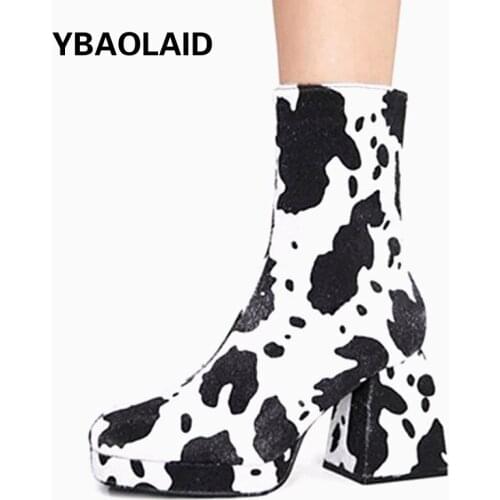 Autumn and Winter New Waterproof Platform Round Toe Thick Heel Mid-tube Boots Black Brown Milk Pattern Side Zipper Womens Boots