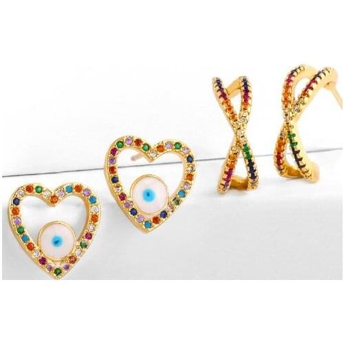 Heart multicolor Brass micro pave cz zircon cubic zirconia drop Hoop Earrings studs copper gold plated crystal yhdg2