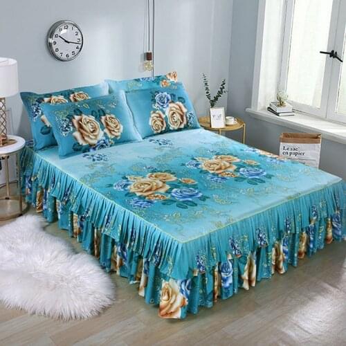 Nordic Romantic Flower Pattern Ruffled Bedspreads Bed Skirt Queen Bed Covers Sheet Home Room Decor Skirt +2pcs Pillowcase F0041