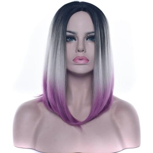 Soowee 12 Colors Black To Gray Purple Ombre Hair Synthetic Hair Bob Wig for Women Straight Hair Cosplay Wigs Hair Accessories