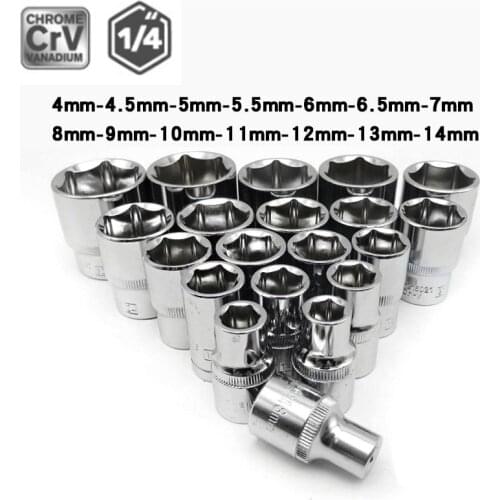 ARITER Socket in 1/4" Drive Metric Hex Square 6 Points 4-14mm Individual Hex Polished CRV Individual Socket
