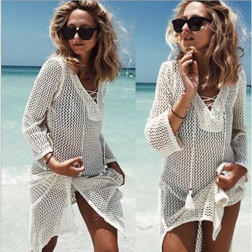 Crochet Bikini Cover Up Tunic Pareo Bandage Sexy Swimwear Cover Up 2021 Women Long Beach Dress Saida Praia Kaftan Outwear C1741
