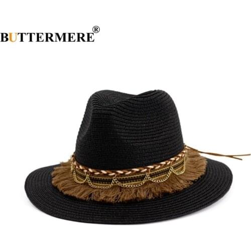 BUTTERMERE Black Sun Hat Tassel Cap Women Beach Straw Hat Vintage Ladies Hats For Summer 2021 New Ariival Womens Straw Hats