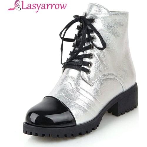 Lasyarrow Thick Bottom Square Heels Round Toe Platform Gold Silver Martin Boots Women Lace Up Patent Leather Casual Women Shoes