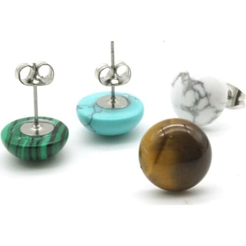 Natural Stone Earrings Stainless Steel 12mm Round Opal Pink Crystal Stud Earrings for Women Jewelry