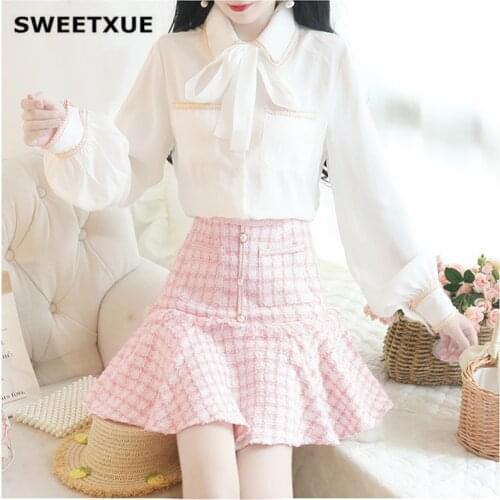 SWEETXUE Fashion Autumn Skirt Suits Women Lantern Sleeve Bow Chiffon Top High Waist Button Pocket Tassel Skirt Two Piece Set