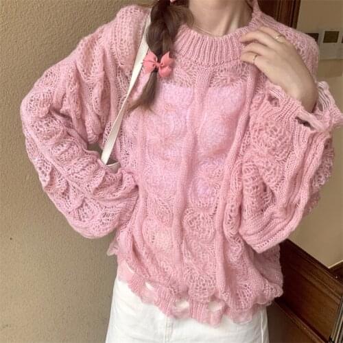 White Pink Solid Sexy Knit Sweater Women Hollow Destroyed Hole Oversize Top Pullover Long Sleeve High Street Fall Loose Sweater