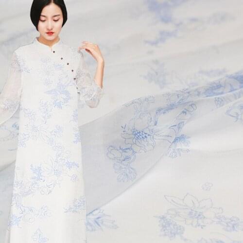 Red Raspberry Chinese Blue and White Porcelain Silk Chiffon 100%Silk Materials Summer Women Dress Sewing Cloth Freeshipping