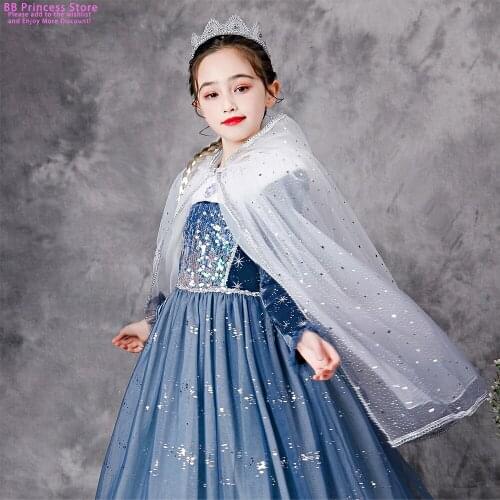 Winter 2021 Girls Elsa Cloak Girls Plus Velvet Cloak Cape Girl Princess Blue Clothes Kids Children Cartoon Hooded Shawl Clothing