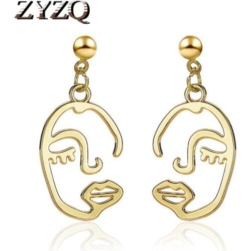 ZYZQ Harajuku Style Abstract Face Earrings For Women Zinc Alloy Gold Color Line Drawing Earrings Halloween Jewelry Accessories