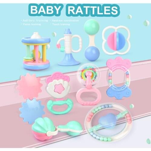 10pcs/Set Baby Teether Rattle Toys Hand Hold Shake Horn Trumpet Washable Early Educational Toy Gifts for Baby Toddler Newborn