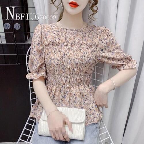 2021 New Summer Round Neck Women Blouse Floral Chiffon Female Blouses