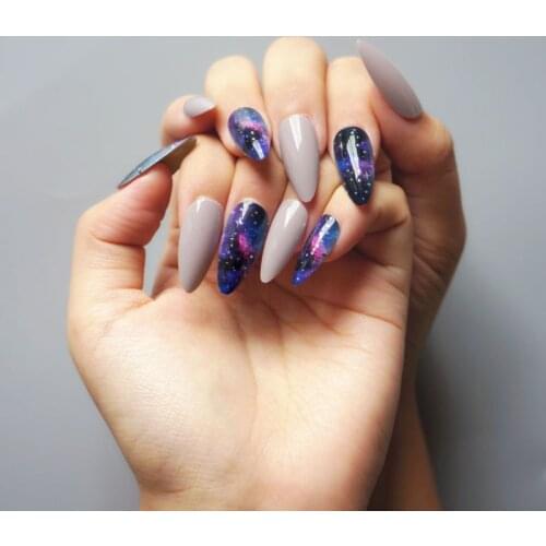 24Pcs/Box Fake Nails Press On Long Stiletto Almond Galaxy Patterns Nail False Tips Artificial Finger Manicure For Women