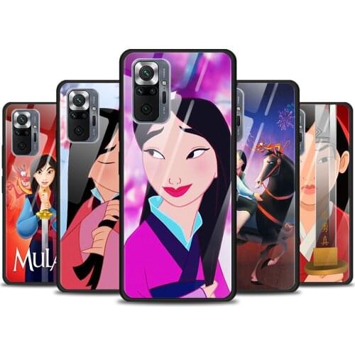 Disney Princess MuLan for Xiaomi Redmi Note 10 Pro Max 10S 9T 9S 9 8T 8 7 Pro 5G Luxury Tempered Glass Phone Case Cover