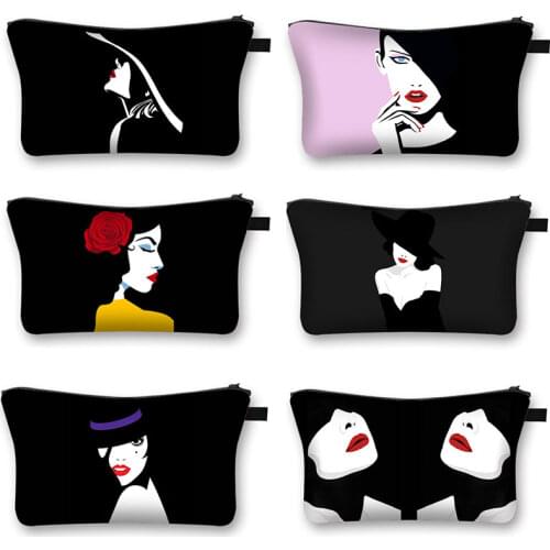 Black Cosmetic Bag Elegant Woman Red Lips Print Fashion Makeup Bag Lipstick Beauty Toiletry Bag Girls Fashion Cosmetic Case