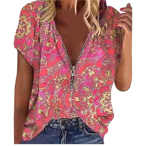 Fashion Zipper Shirts Tops Womens Summer Clothing Plus Size T-shirt Floral Printed V-neck Short Sleeve Camisetas De Mujer Топ