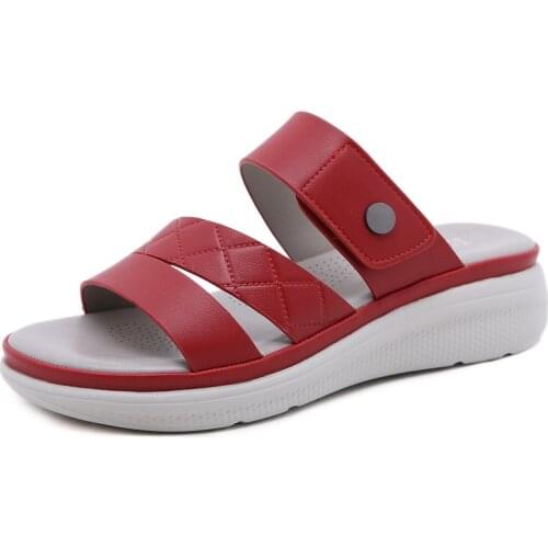 Summer Outdoor Womens Wedges Slip-On Slippers Woman Peep Toe Breathable Soft Platform Female Leather Low Heels Walking Sandals