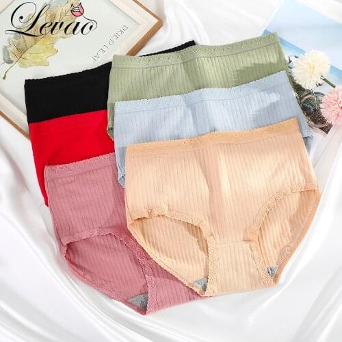 LEVAO Women Cotton Lace Underwear Mid Waist Panties Control Briefs Soft Shaping Lingerie Breathable Slimming Plus Size UnderPant