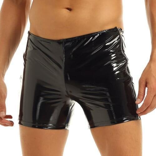 Men Latex Pants Hot Boxer Shorts Underwear men Leggings Sexy Wetlook Shiny Faux Leather Side Zip Tight Pants Trousers Club Rave