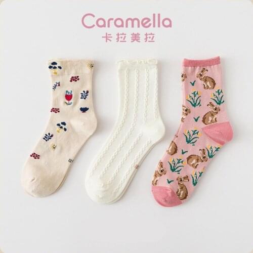 2020 Caramella New Design Women Socks 3pairs/lot Cotton Socks Winter Autumn Funny Cartoon Rabbit Socks Colorful Floral Socks