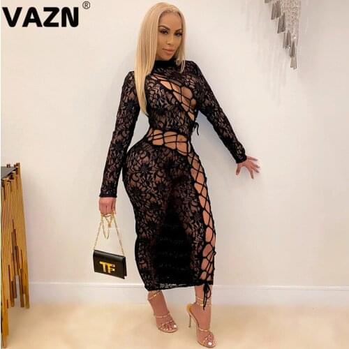 VAZN New Solid Lace Hollow Out O-neck Formal Elegant Fashion Mujer Chic Ladies Slim Dress 2020 Full Sleeve Lady Maxi Dress