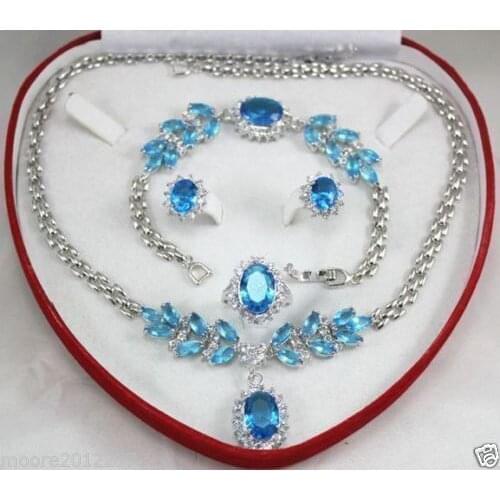 Charming set!light blue zircon chain Necklace Bracelet Earring Ring nobox