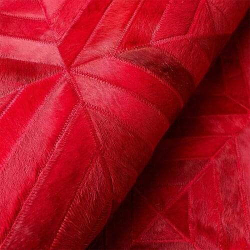 Luxury Red Genuine Geometric Pattern Patchwork Natural Cowhide Rug, Living Room Bedroom Hallway Area Carpet Wedding Gift Rug