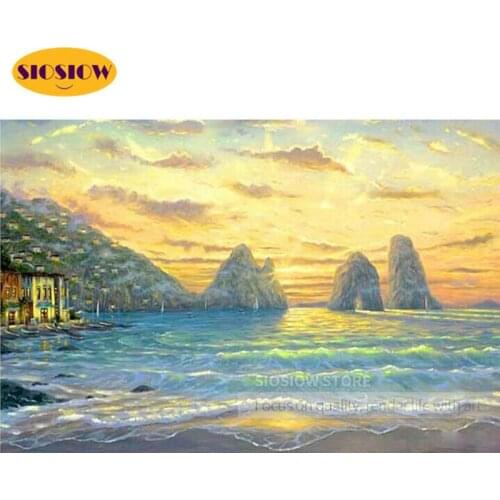 SIOSIOW 5d Diamond Painting Seaside Cross Stitch Diamond Embroidery Beach Landscape Picture Rhinestones Shell Handmade Art Gift