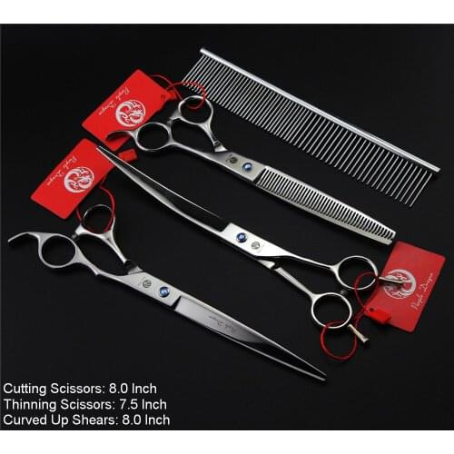 Pet Dog Grooming Scissors 8.0 inch 3Pcs/Set Professional Straight Curved Thinning Dog Hair Cutting Shears Kit+Comb