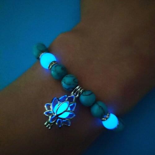 Luminous Glowing In The Dark Moon Lotus Flower Shaped Charm Bracelet Man Women Yoga Prayer Buddhism Natural Stones Jewelry