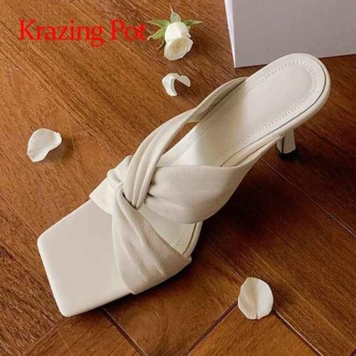 Krazing pot genuine leather square toe thin high heels simple style gentlewomen Knot cross energy slip on outside slipper L69