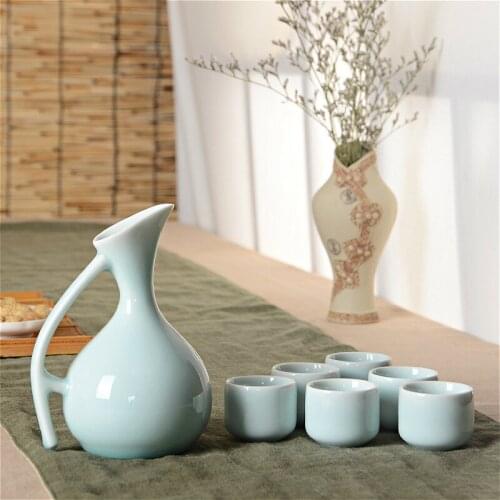 250ML Celadon Wine Set Court Handle Hip Flask 1 Pot 6 Cups Sake Vodka Swan Wine Gift Half Month Liquor Divider Bar Set