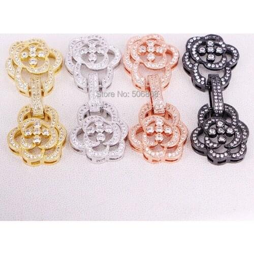 5PCS CZ Micro Pave Double Flower Buckle Clasp Gold ,Sliver ,Rose Gold, Black Color for Jewelry Making