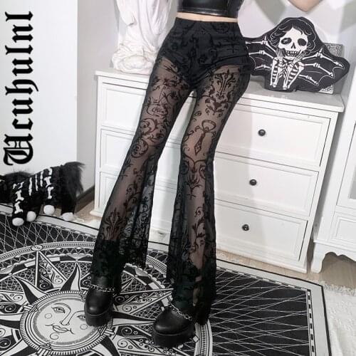 Ucuhulnl See Through Gothic Mesh Summer Flare Pants Grunge Punk High Waist Black Women Sexy Trousers Floral Scratched Clothes