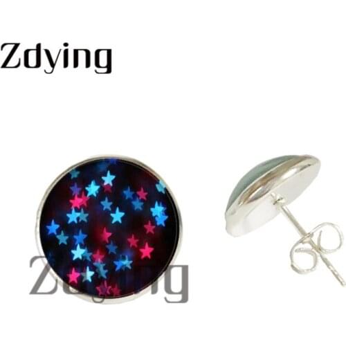 Zdying Colorful Love Heart Stars Stud Earring Glass Cabochon Flowers Leaf Art Picture Dome Earring Party Birthday Jewelry XS009