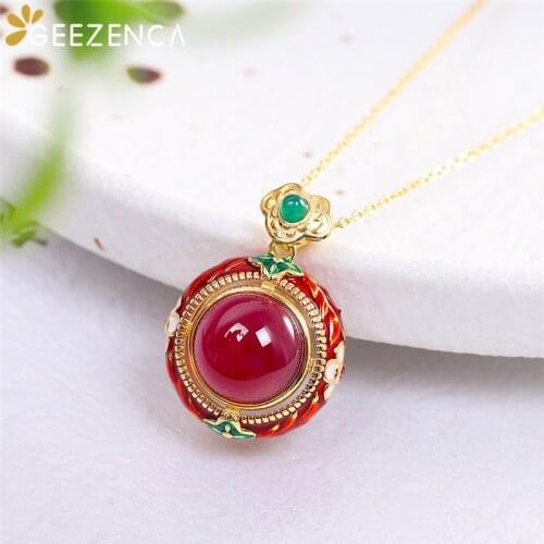 Vintage 925 Sterling Silver Thai Red Corundum Enamel Gemstone Pendant For Women Ethnic Cloisonne Necklace Pendants Without Chain