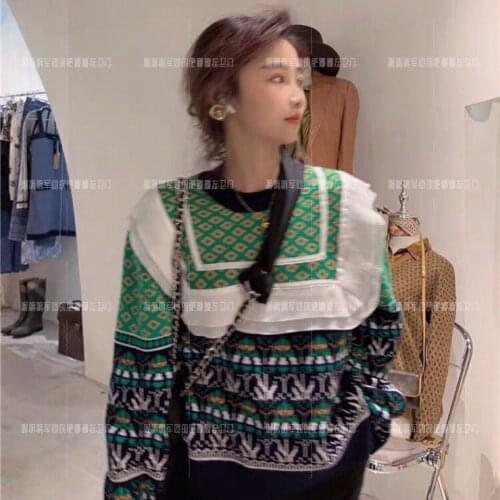 Women Sweater Vest Vest/Pullover Green Rhombus Jacquard Geometry Ruffled Knitwear Womens Sweater
