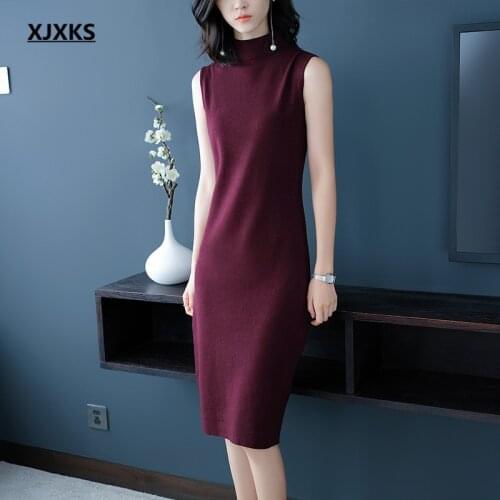 XJXKS 2021 autumn winter new sleeveless long sweater high quality wool knitted dress women turtleneck pullover