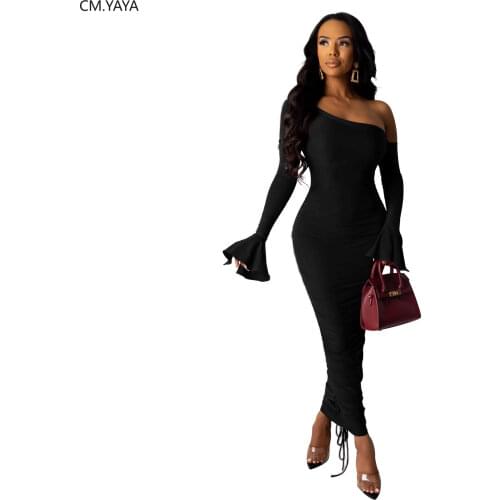 Women New Winter Maxi Dress Asymmetrical Full Flare Sleeve Sheath Dress Sexy Night Club Party Draped Solid Long Dresses GL9207