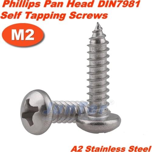 100pcs/lot M2(2mm) DIN7981 A2 Stainless Steel Phillips Cross Recessed Pan Head Self Tapping Screws