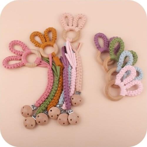 2 Pcs Baby Wooden Hand Grasp Toy+Pacifier Clip Chain Set DIY Cotton Cloth Knitting Rabbit Ears Teether Bracelet Rattle