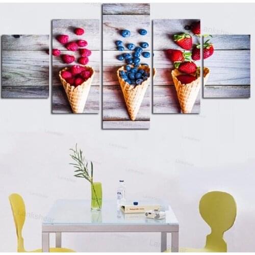 5 Panels Fruit and Ice-Cream Cone Posters Hd Printed Painting Canvas Delicious Berry Living Room Decoration Wall Art Pictures