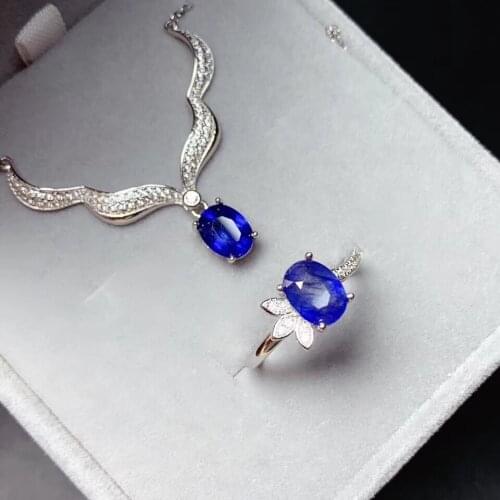 Beautiful blue sapphire gem jewelry set including ring and necklace for women real 925 silver natural gem girl birthday gift