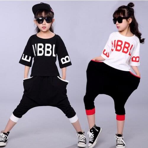 Summer Childrens clothing set Hip Hop harem Suits Girls Jazz Dance Performance kids Fashion costume Big crotch pants & T-shirts