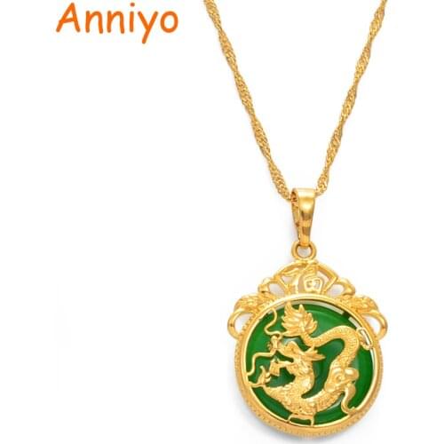 Anniyo Green Stone Dragon Pendant Necklaces Women Amulet Chinese Culture Style Elements Necklace Jewelry New Style #072204