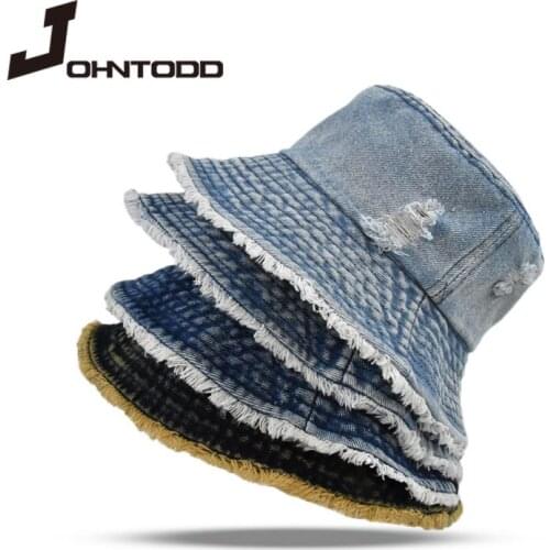 2021 Fashion Summer Washed Denim Sun Bucket Hats Panama Women Flat Top Caps Wide Brim Foldable Outdoor Anti-UV Beach Bonnet