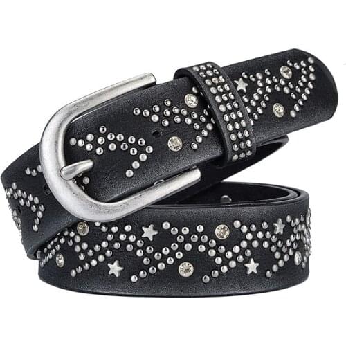 New Split Leather + PU Rivet Inlay stars Belt For Women Fashion Pin Buckle Waist Women Belts Luxury Brands Leather Belt Female