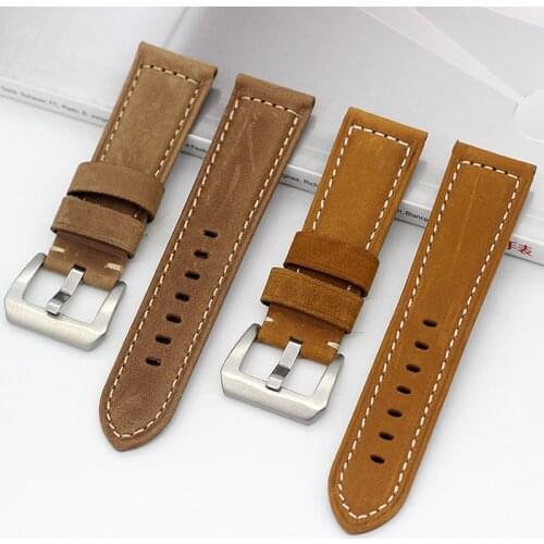 24MM Vintage Genuine Crazy Horse Leather Watch Strap Bands For PAM441 PAM111 PAM438 Watchbands Mens Cow Leather Watch Bracelet
