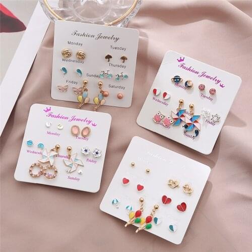 HTZZY 7 Pairs One Week Earrings for Women New Fashion Jewelry Cute Balloon Heart Geometry Crystal Stud Earrings Set Gifts