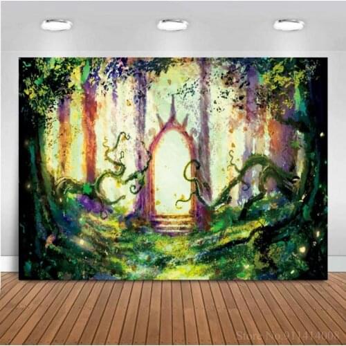 Fairy Tale Dreamy Forest Background Photography Spring Green Trees Wood Door Girl Princess Backdrops For Baby Photo Decor